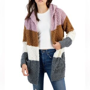 Popcorn Hooded Open-Front Cardigan
